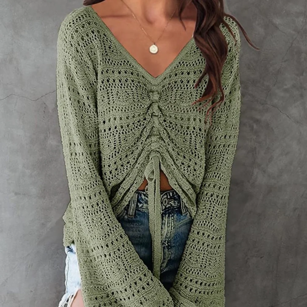 ARMY GREEN Womens Boho Off Shoulder Sheer Crop Tops Bell Sleeve SZ L NEW! - Picture 2 of 5